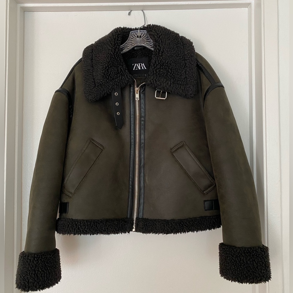 Zara Double Faced Biker Jacket, Green, XS